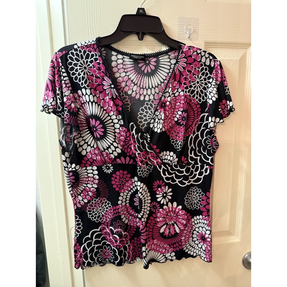 Per Seption Concept Womens XL Floral Faux Wrap Blouse Pink Black White Top 47T